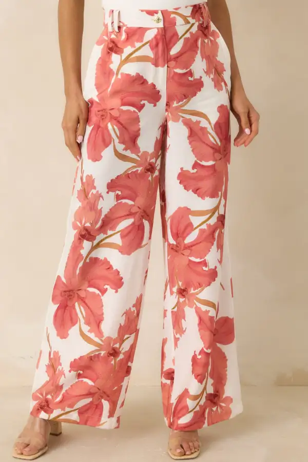 Peach Hibiscus Wide Leg Pants