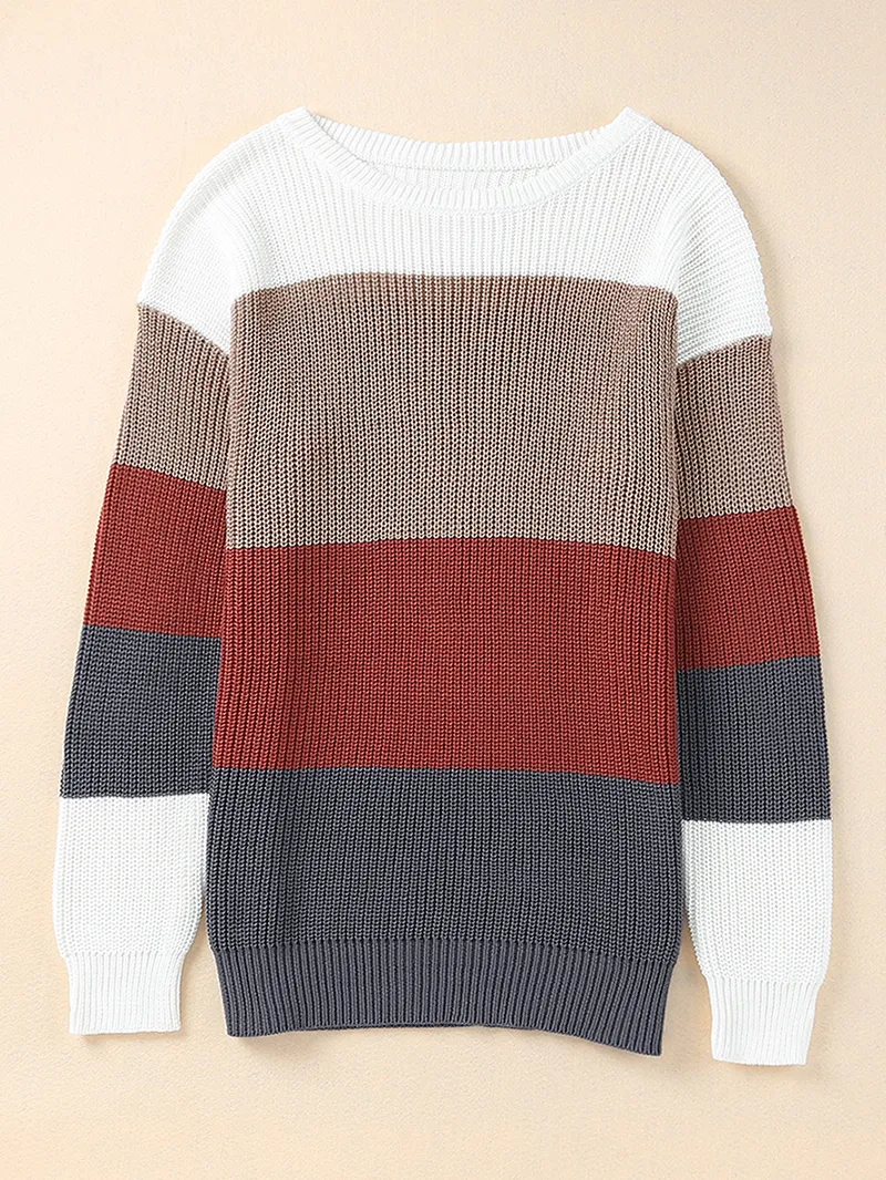 Color Block Knitted O-neck Pullover Sweater