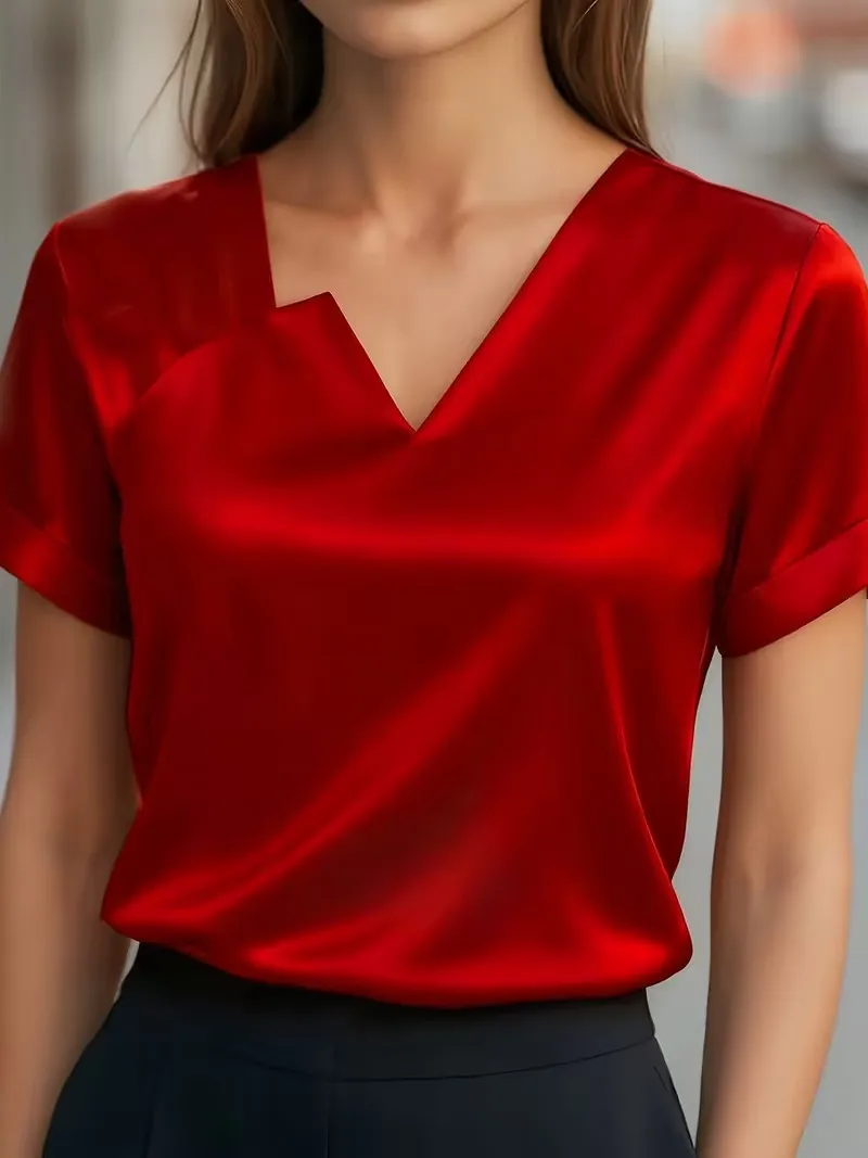 Asymmetric Satin V-Neck Shirt
