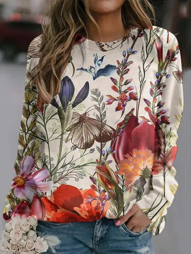 Casual Crew Neck Floral Sweatshirt