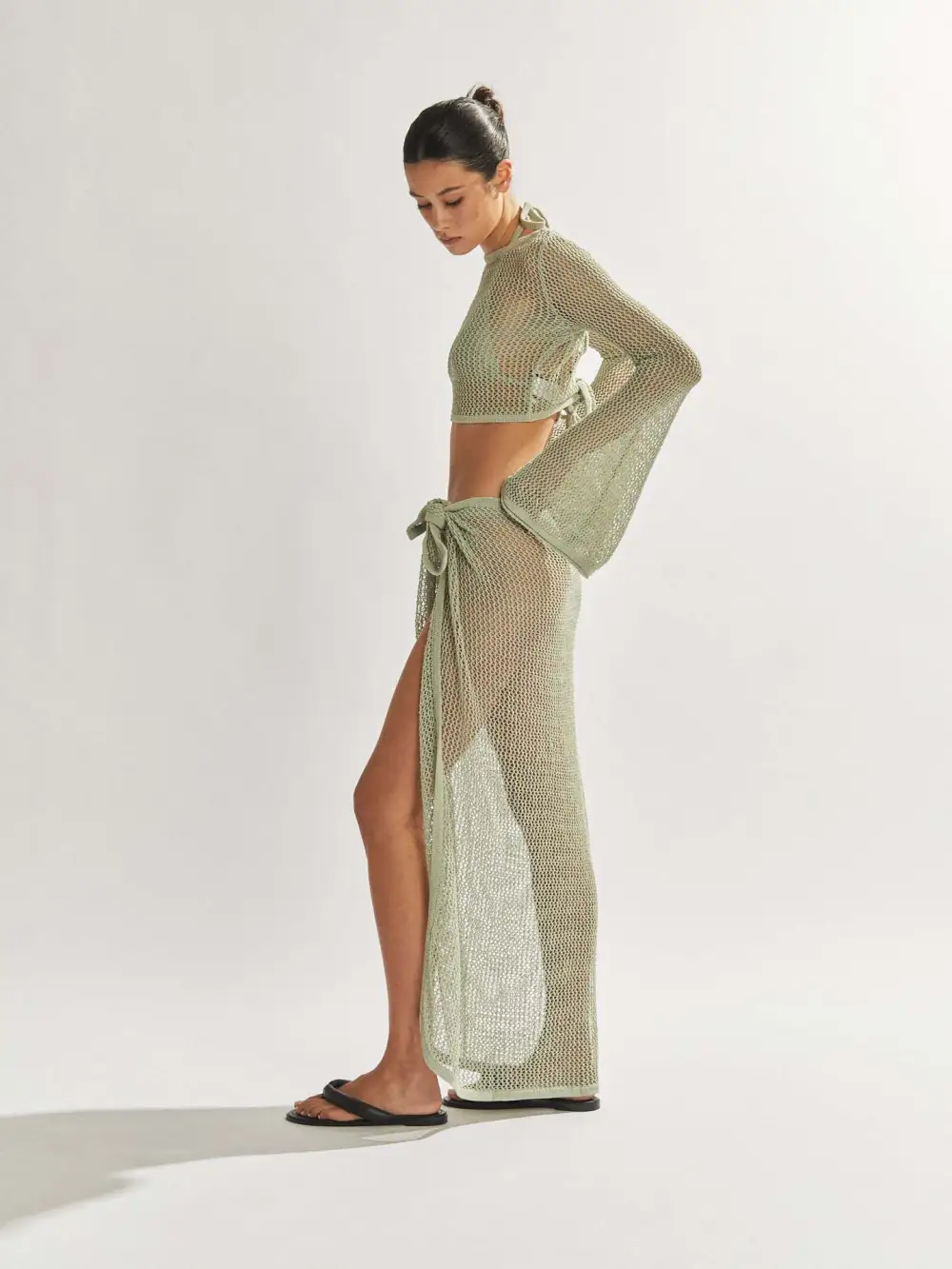 New See-Through Short Backless Long-Sleeved Top High Slit Half-Length Skirt Sweater