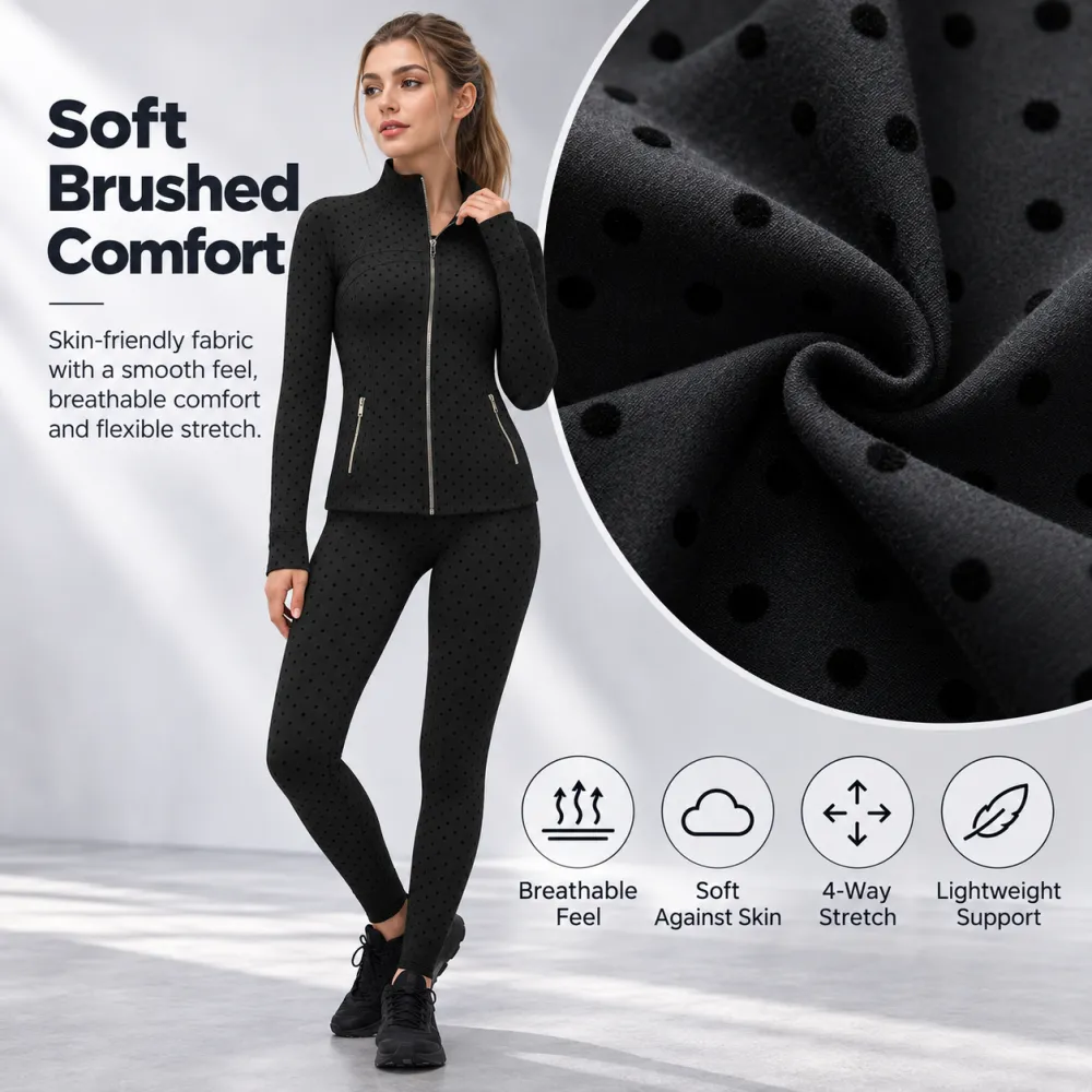 Women's Summer Long Sleeve Zip-Up Jacket, Stand Collar Polka Dot Texture Slim Fit Athletic Jacket for Skirts or Shorts, Nylon Spandex Brushed Fabric Stretchy Sports Outerwear for Yoga