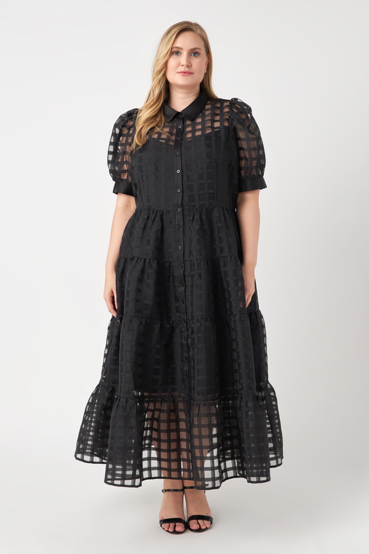 Gridded Organza Tiered Maxi Dress