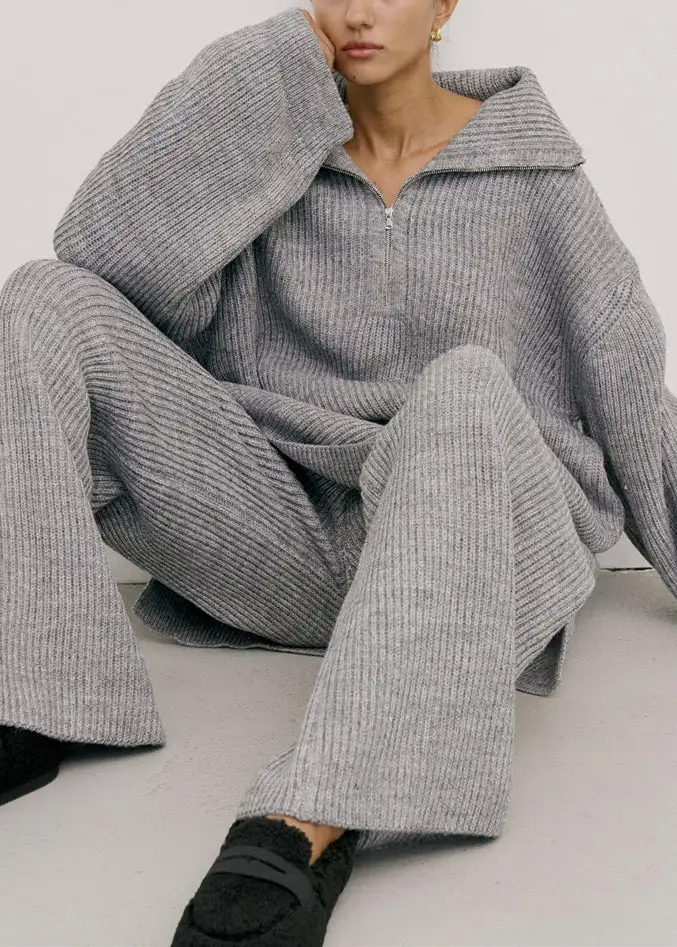 European And American Style Grey Sweaters And Pants Knit Set Fall