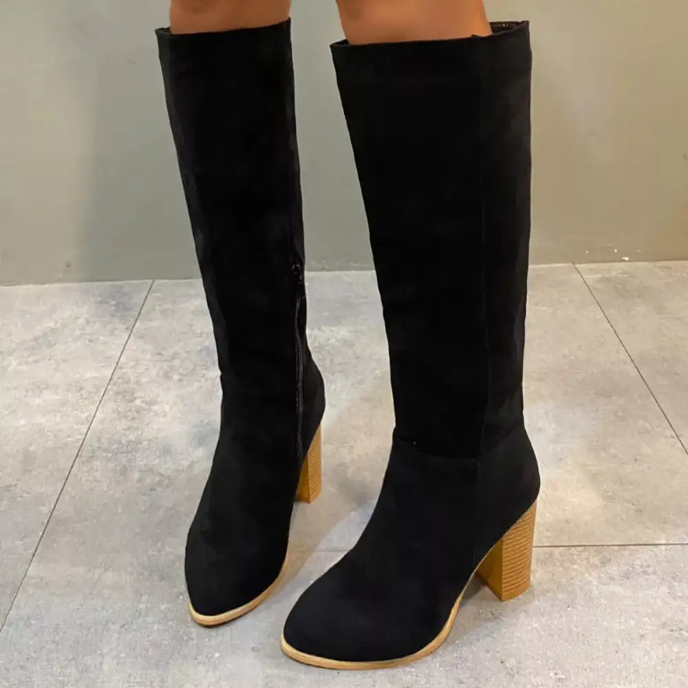 Pointed Toe Knee High Suede Block Heel Boots