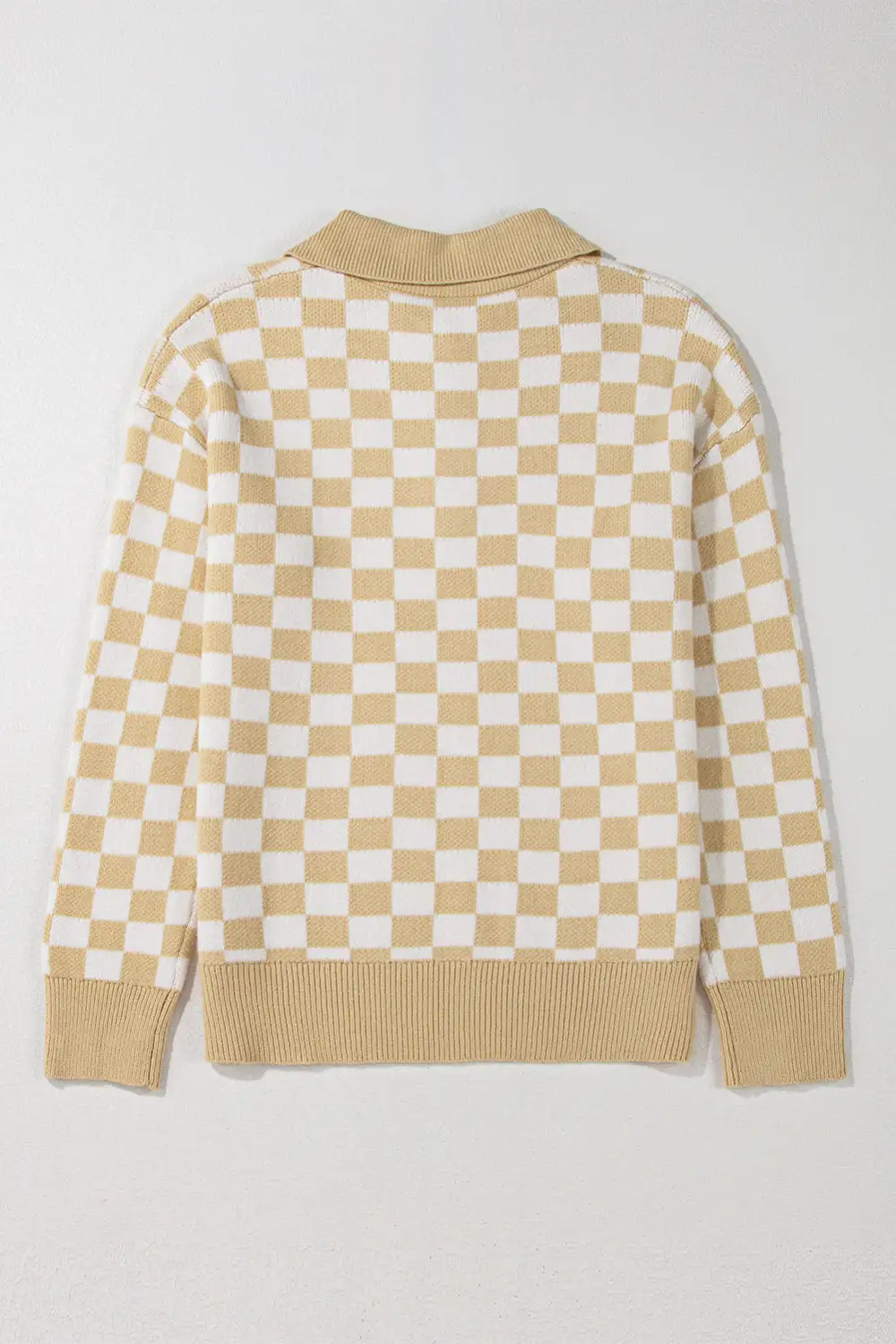 Checkered Collared Neck Long Sleeve Sweater