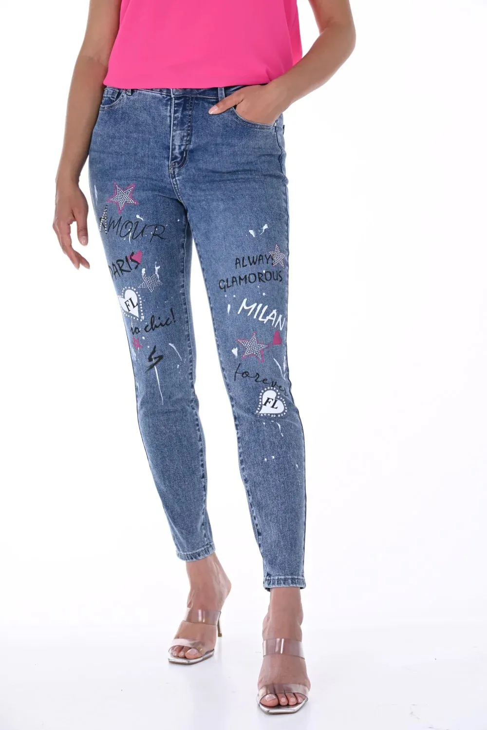 Embroidered Love Motif Blue Denim Jeans