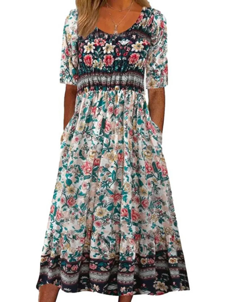 Bohemian Printed Round Neck Short Sleeve Dress