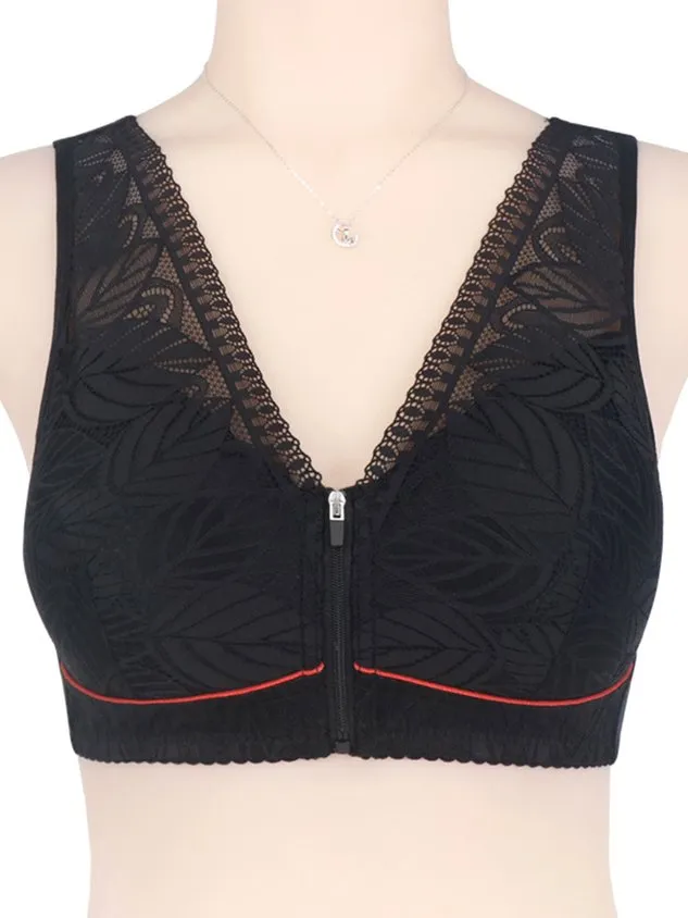 Soft Comfortable Lace Front Zipper Wireless Cotton Bra