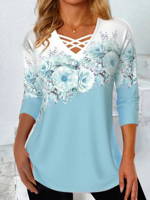 Casual Floral V Neck Long Sleeve T-shirt