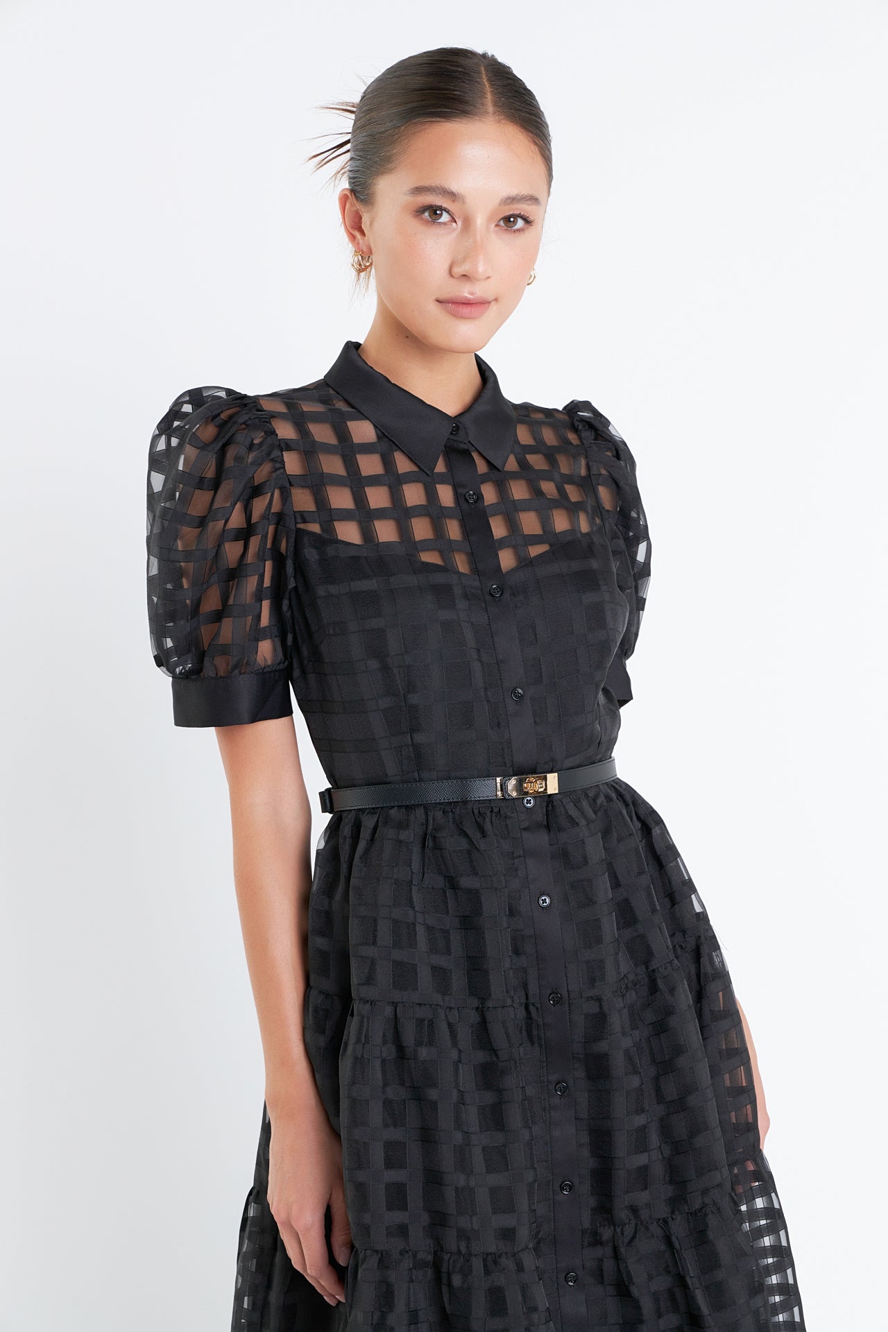 Gridded Organza Tiered Maxi Dress