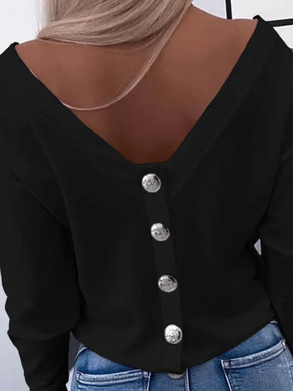 Long Sleeve Relaxed Button Detail Round Neck T-Shirt