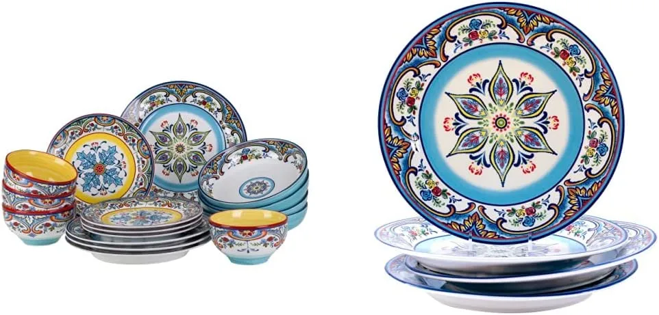 Euro Ceramica Zanzibar Double Bowl 16-Piece Dinnerware Set | Fine Kitchenware | Floral Multicolor Design Stoneware Tableware Service For 4