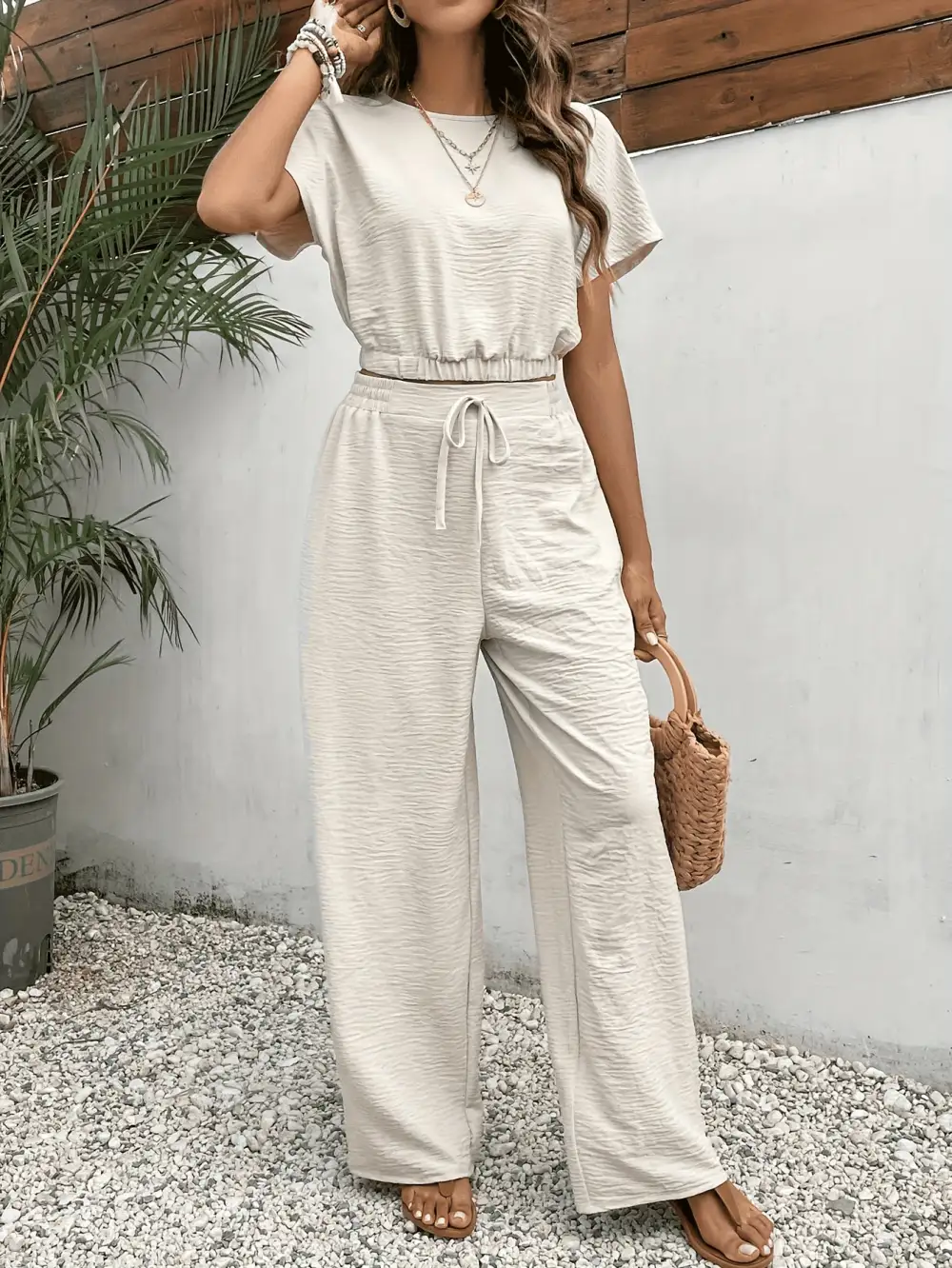 Two-Piece Set: Breezy Spring/Summer (Batwing Top, Tie Front Pants)