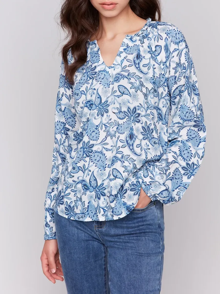 Artistic Floral All-Match V-Neck Long-Sleeved Top