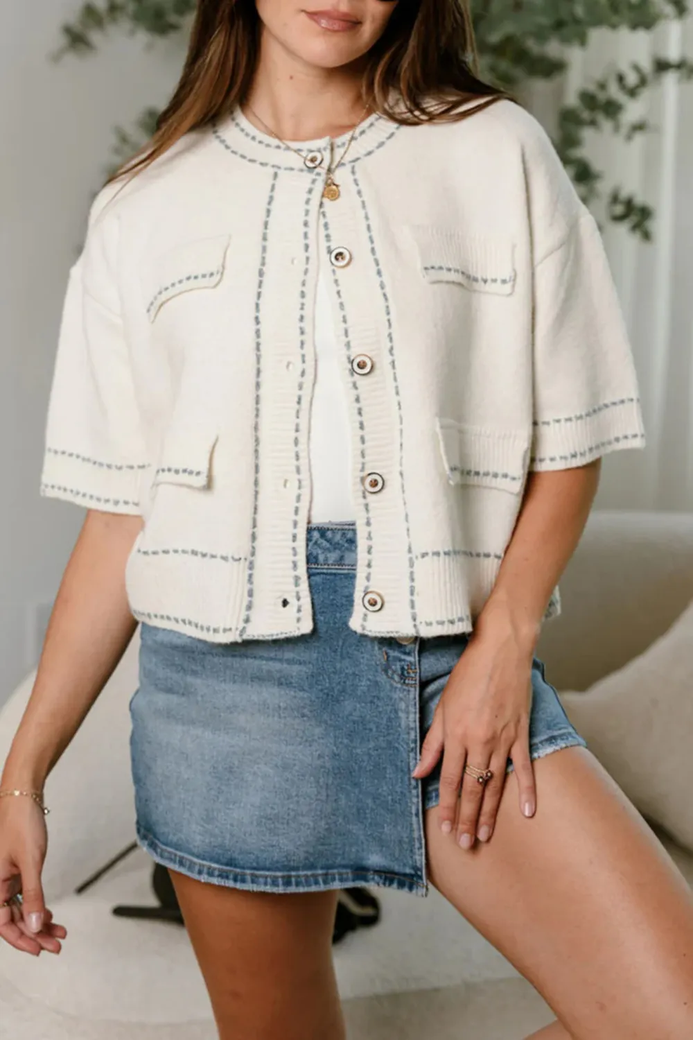 Contrast Color Stitch Button Up Cardigan