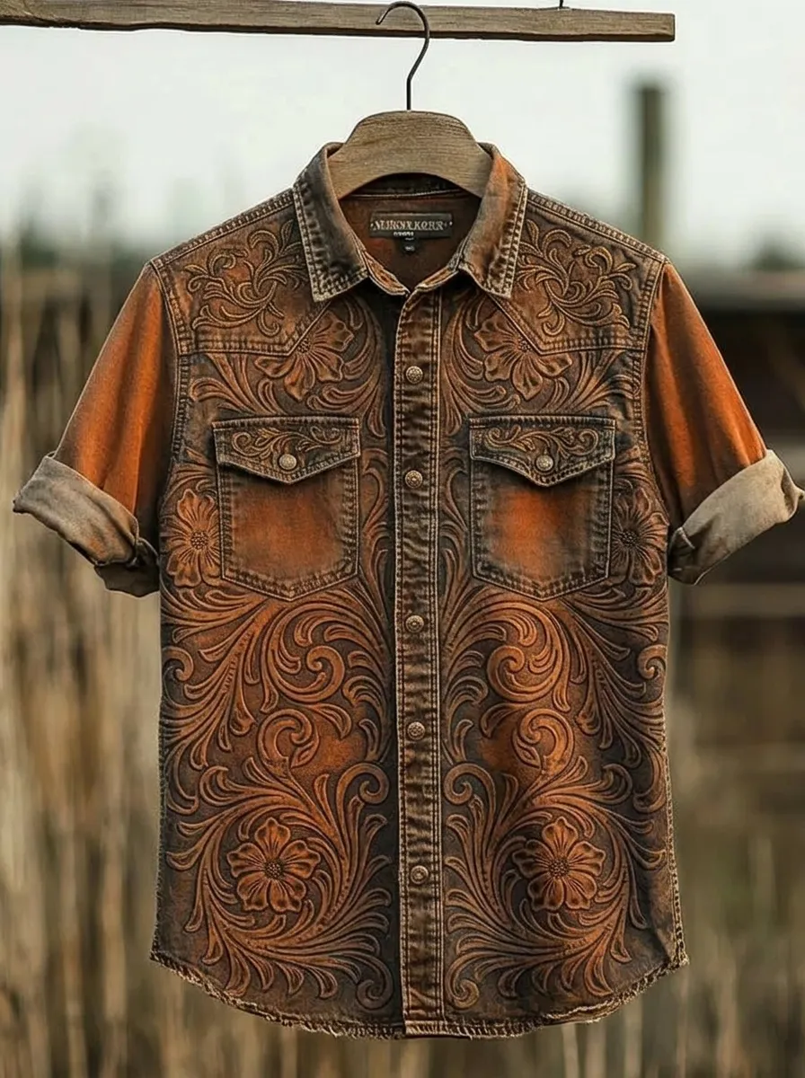Men's Western Cowboy Floral Tooled Leather Style Printed Shirt