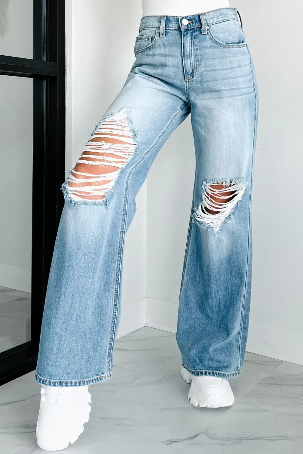 High Rise Distressed Wide Leg Sneak Peek Jeans