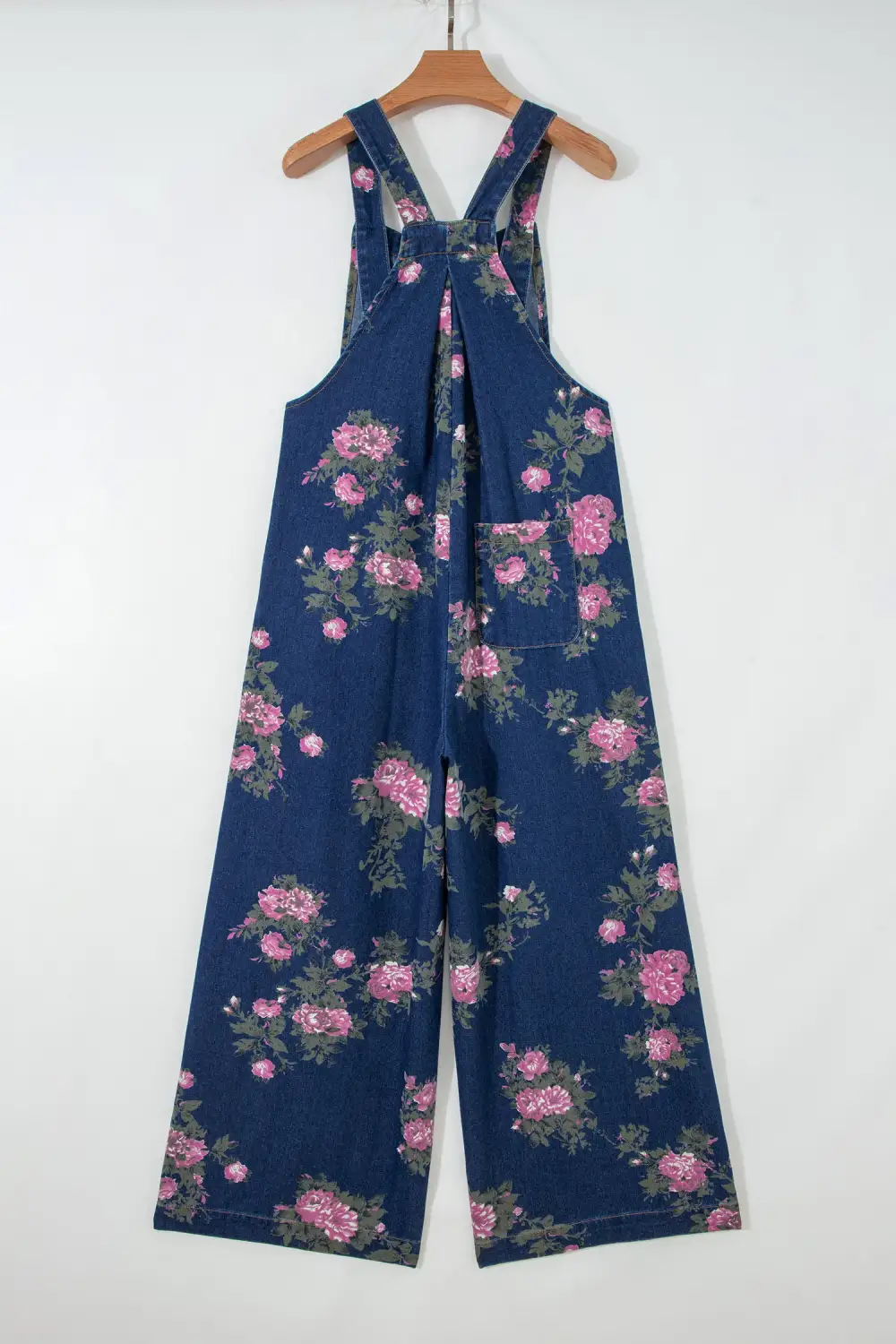 Relaxed Floral Print Pleated High Waist Wide Leg Denim Jumpsuit