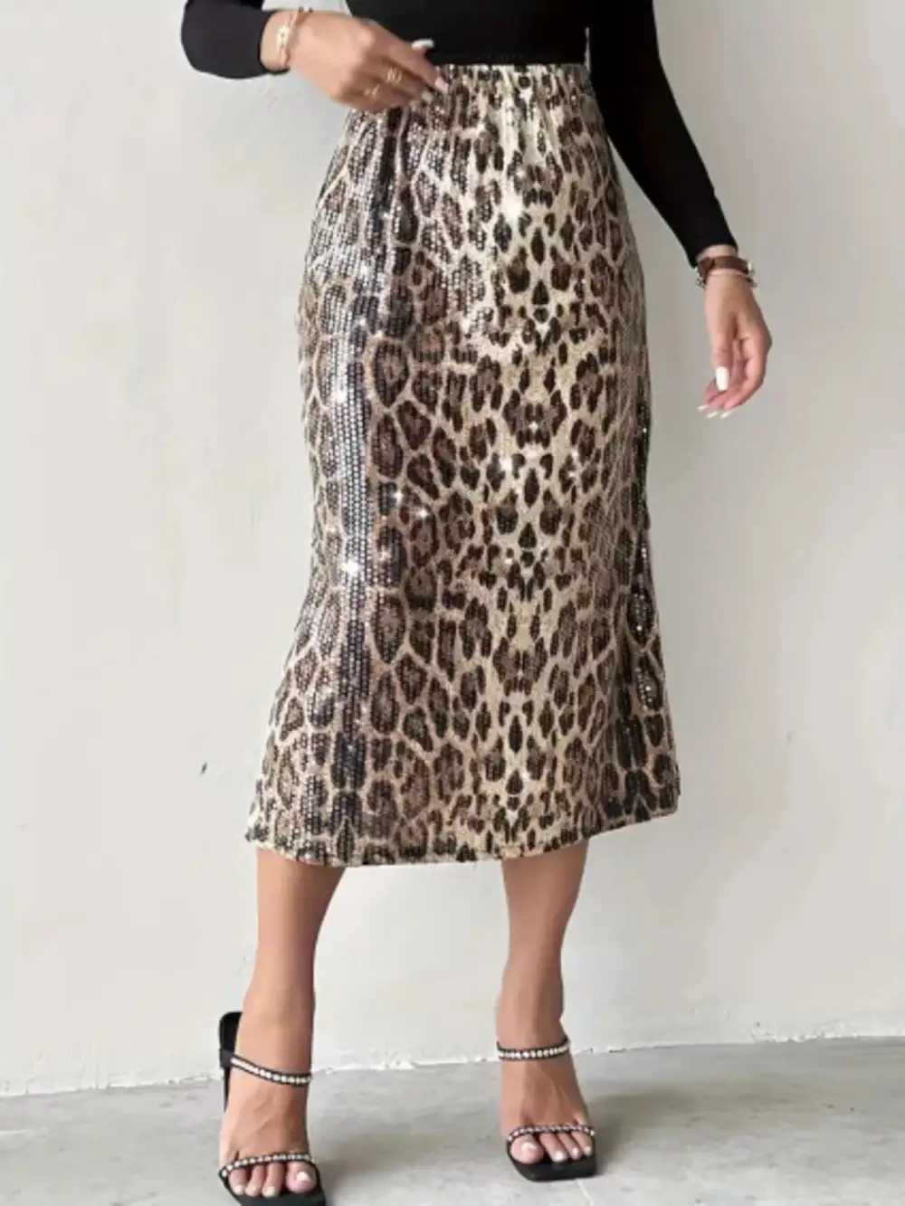 Leopard Print Sequin Midi Skirt