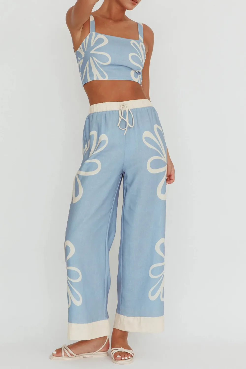 Soft Elastic Waist Plant Print Ladies Wide Leg Pants