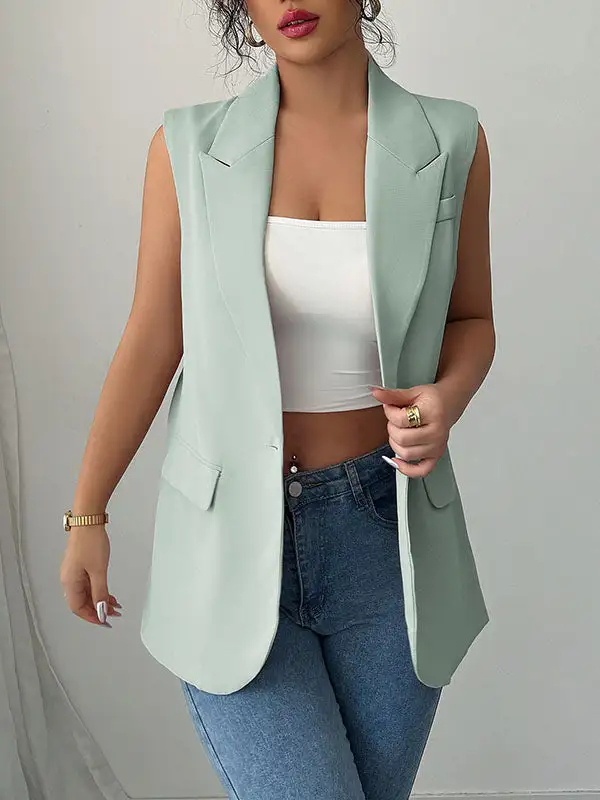 Relaxed Sleeveless Button Front Pocket Notched Collar Blazer Vest
