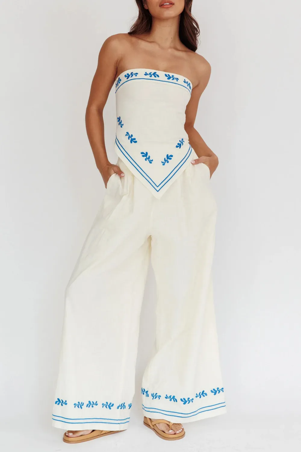 Art Print Embroidered Wide-Leg Track Pants