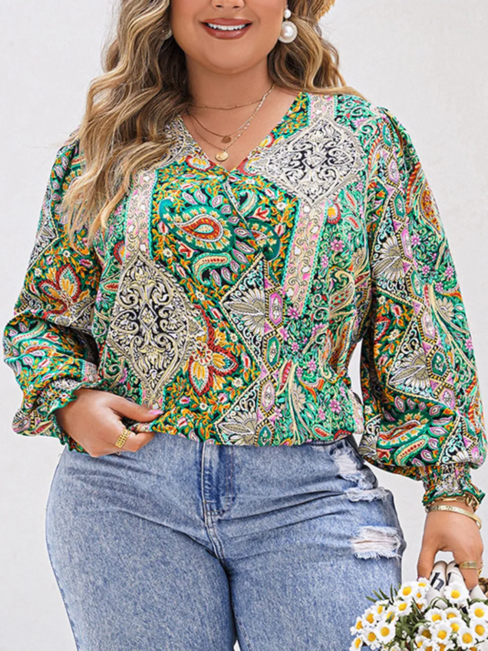 V Neck Long Sleeved Top With Bohemian Print