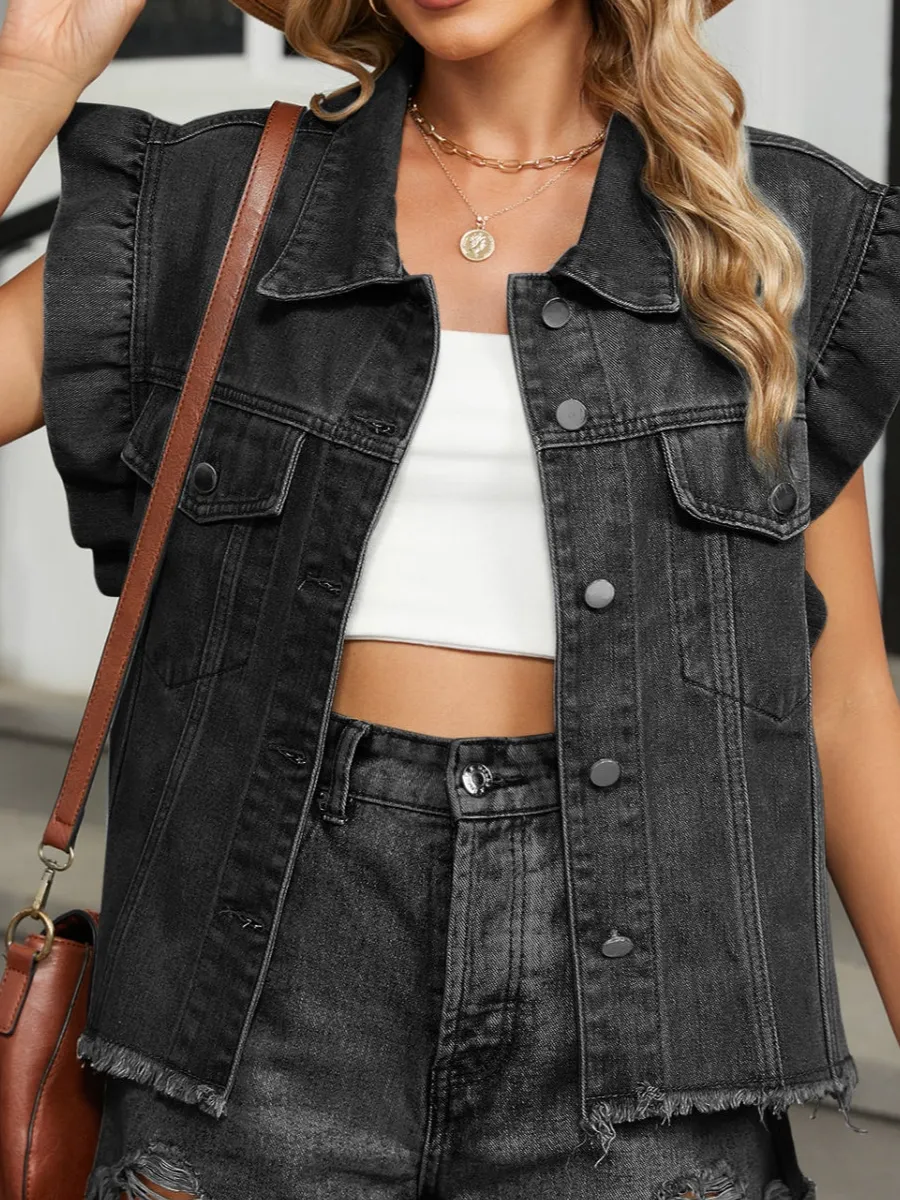 Raw-hem Cap Sleeve Denim Jacket