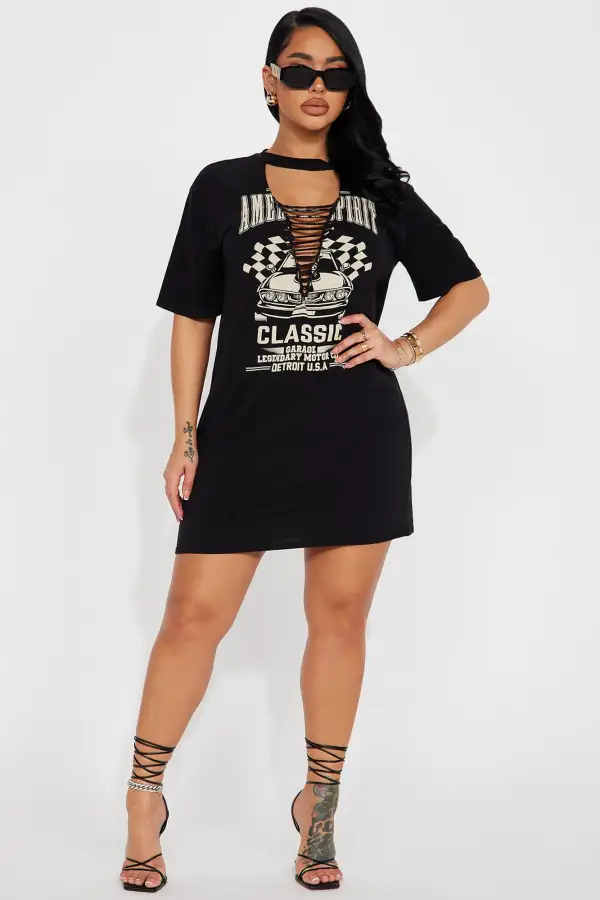 American Spirit Distressed T-Shirt Dress - Black