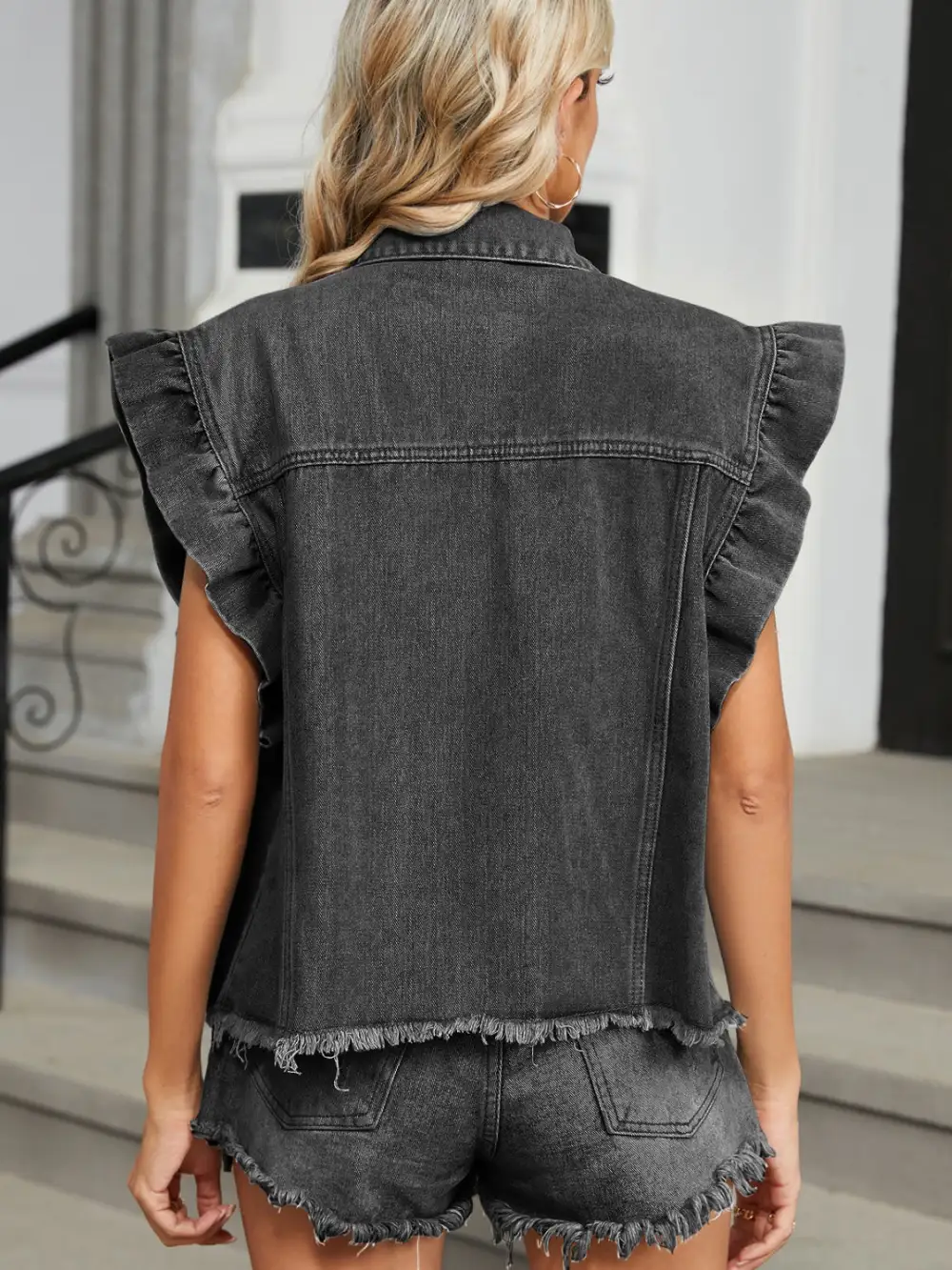 Raw-hem Cap Sleeve Denim Jacket