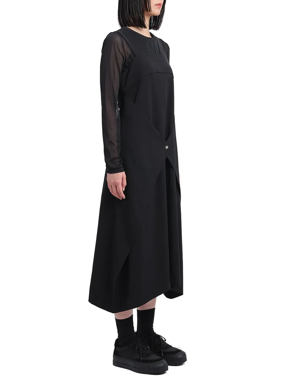 Sheer Sleeve Asymmetric Hem Midi Dress
