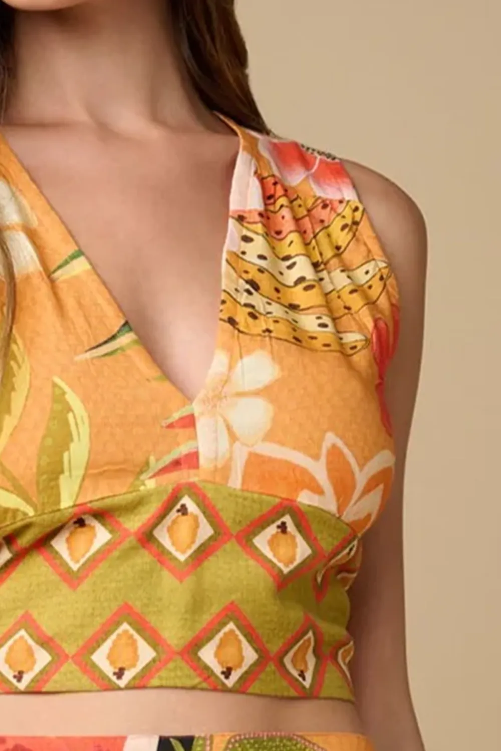 Orange And Green Geometric Print Wrap Crop Top