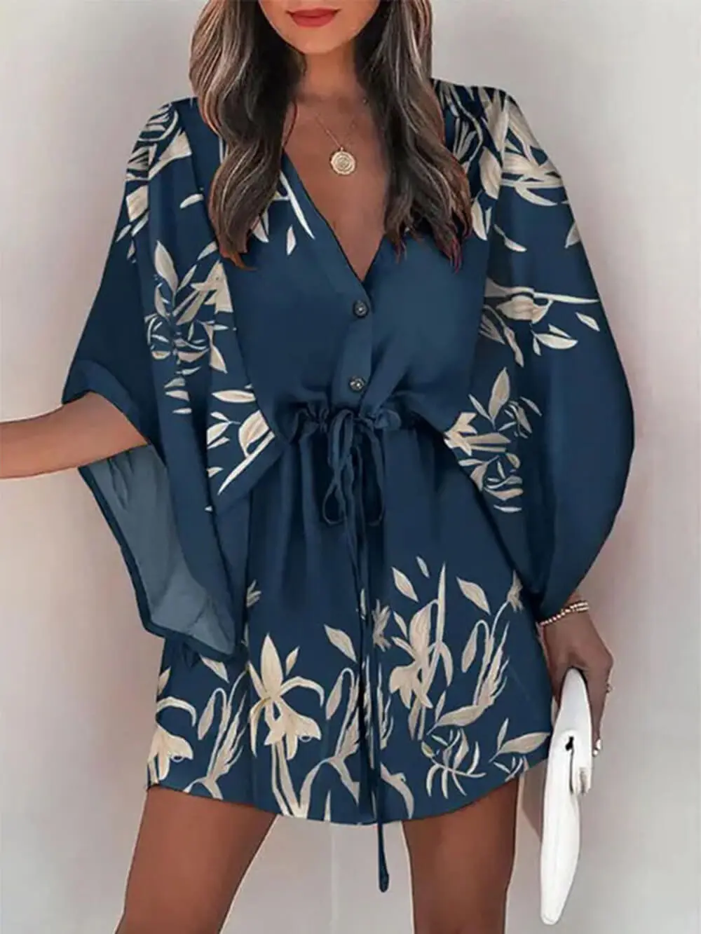 Neck Tie Printed Batwing Sleeve Mini Dress