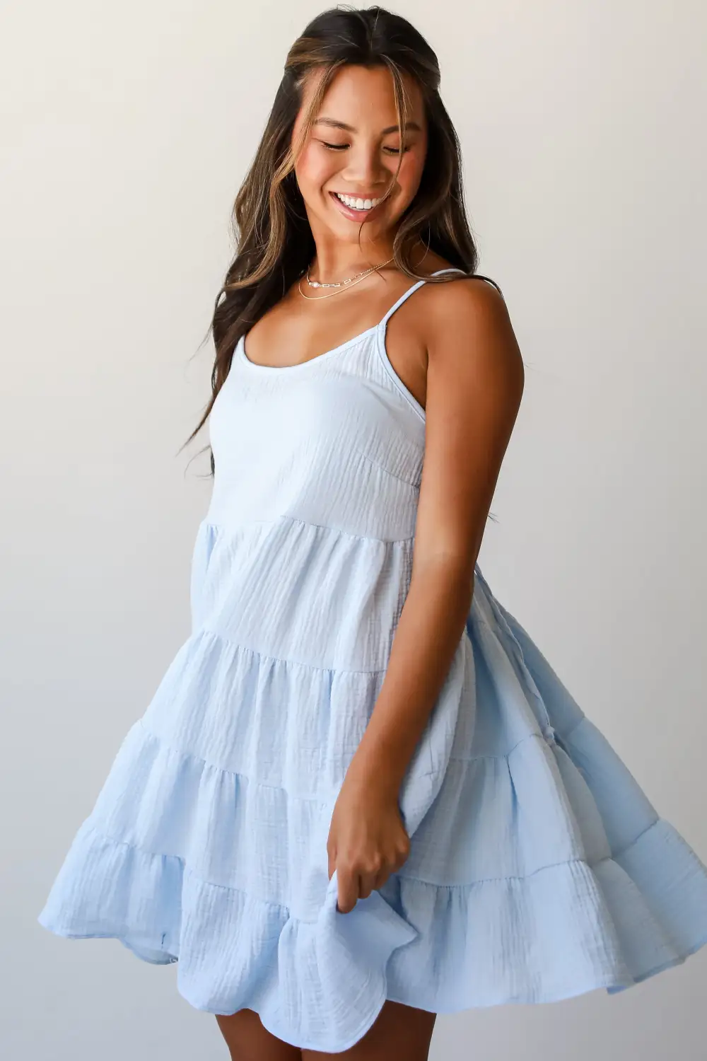 Sweetest Impact Light Blue Linen Tiered Mini Dress