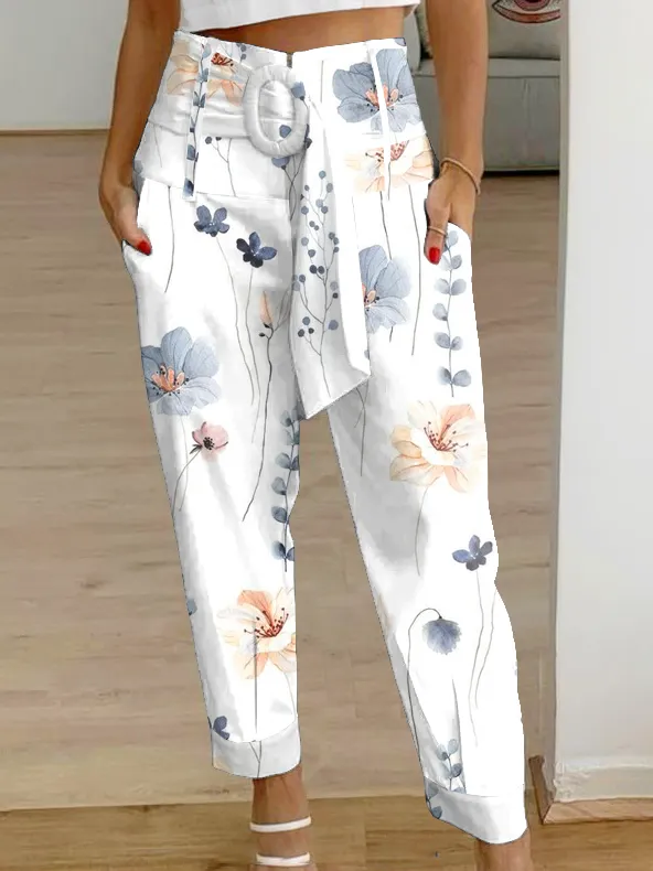 Flower Print Paperbag Cropped Pant