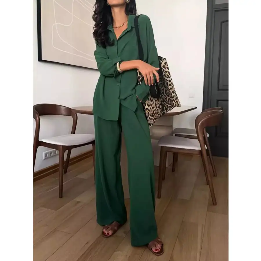 Button Up Long Sleeve Shirt and Pants Set