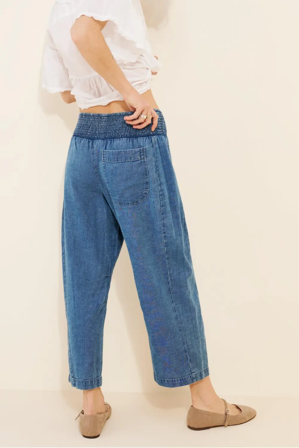 Elastic Waist Wide Leg Cotton Crop Denim Jeans
