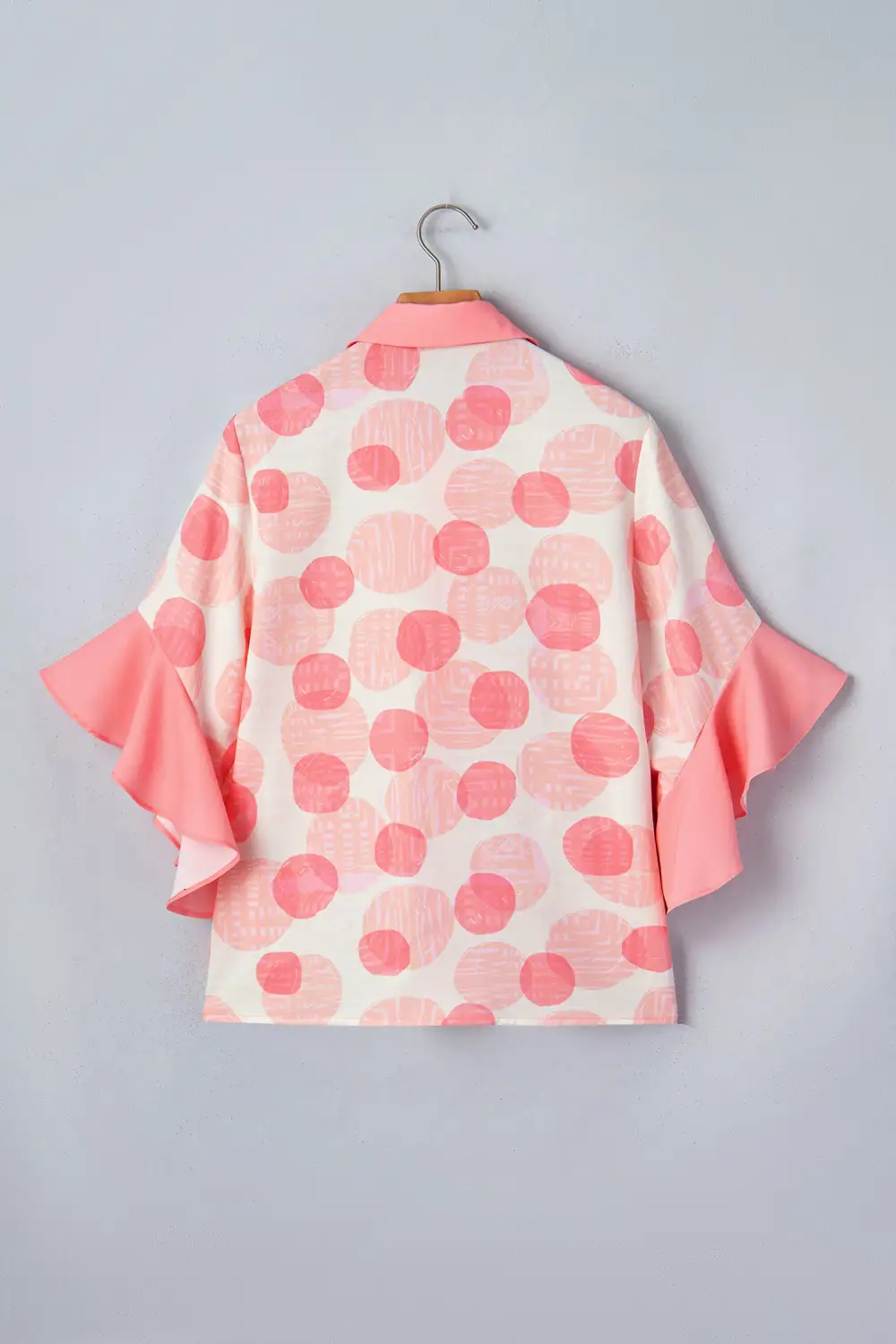 Pink Double Polka Dot Printed Ruffle Trim Short Sleeve Babydoll Shirt