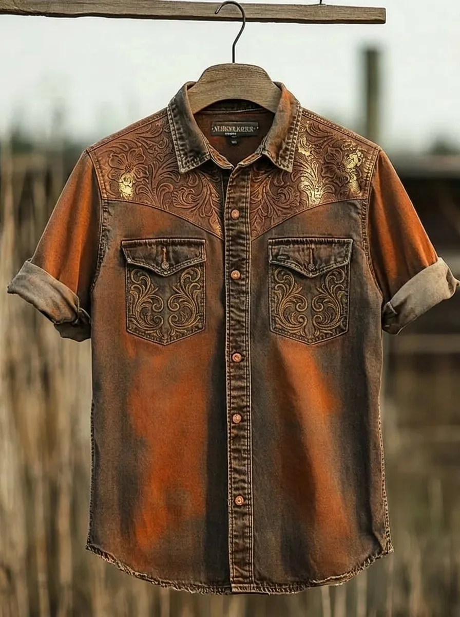 Men's Western Cowboy Floral Tooled Printed Shirt