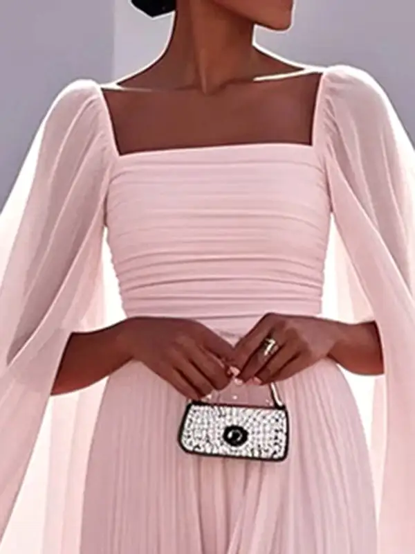 Cape Pleated Neck Maxi Dress