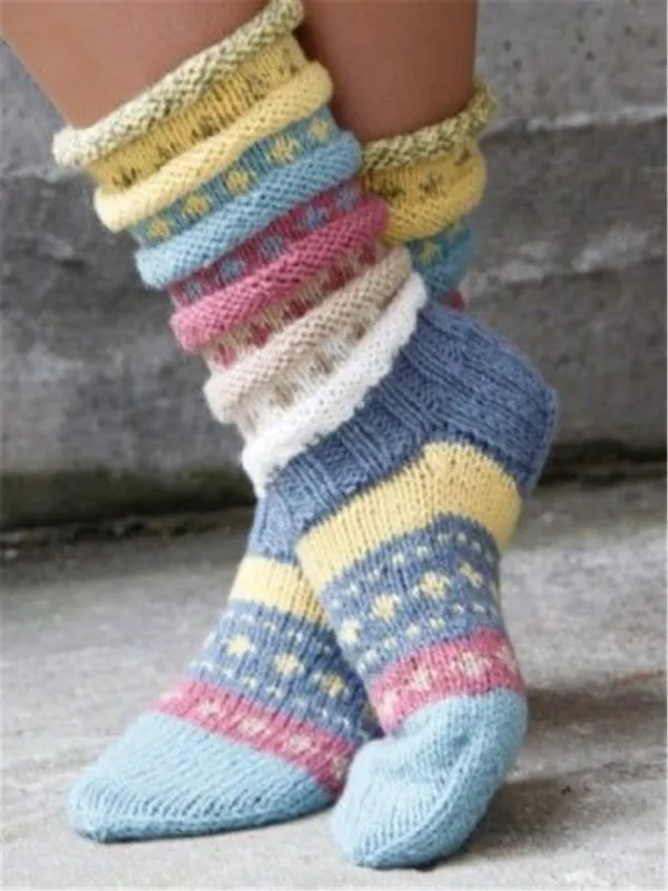 Women Casual Color Block Vintage Knit Socks