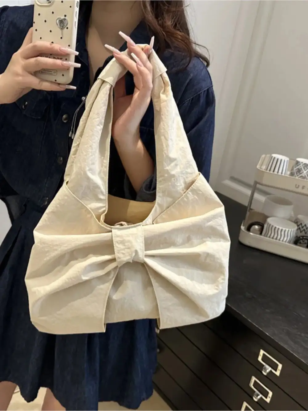 Bow Accent Ruched Shoulder Bag