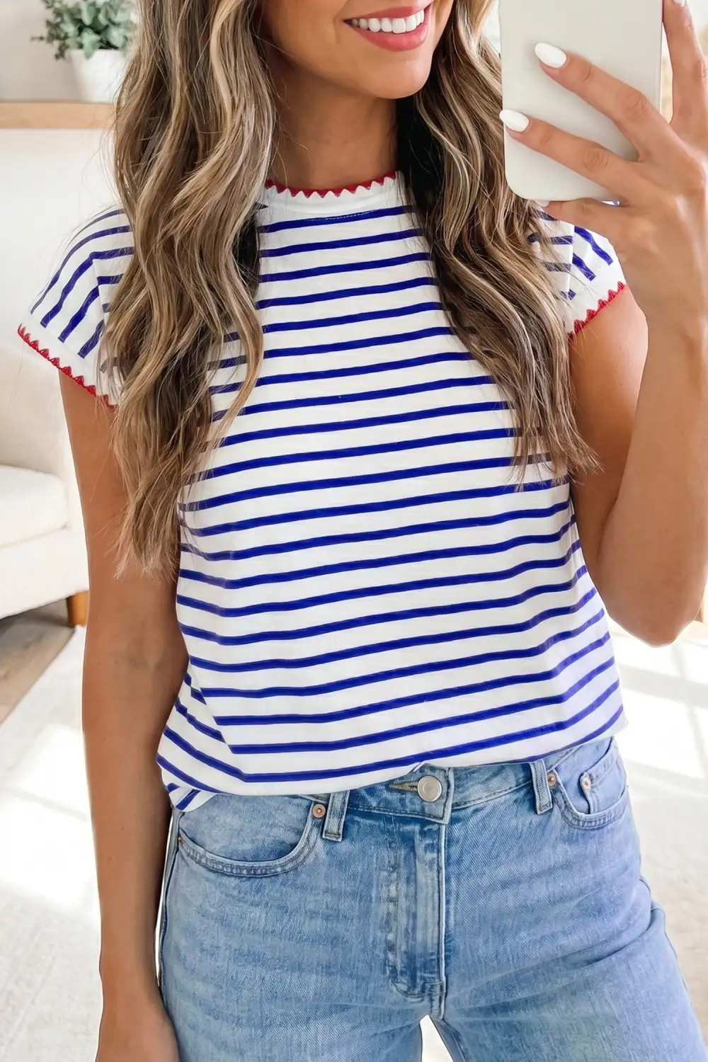 Stripe Contrast Trim Round Neck Cap Sleeve Tee