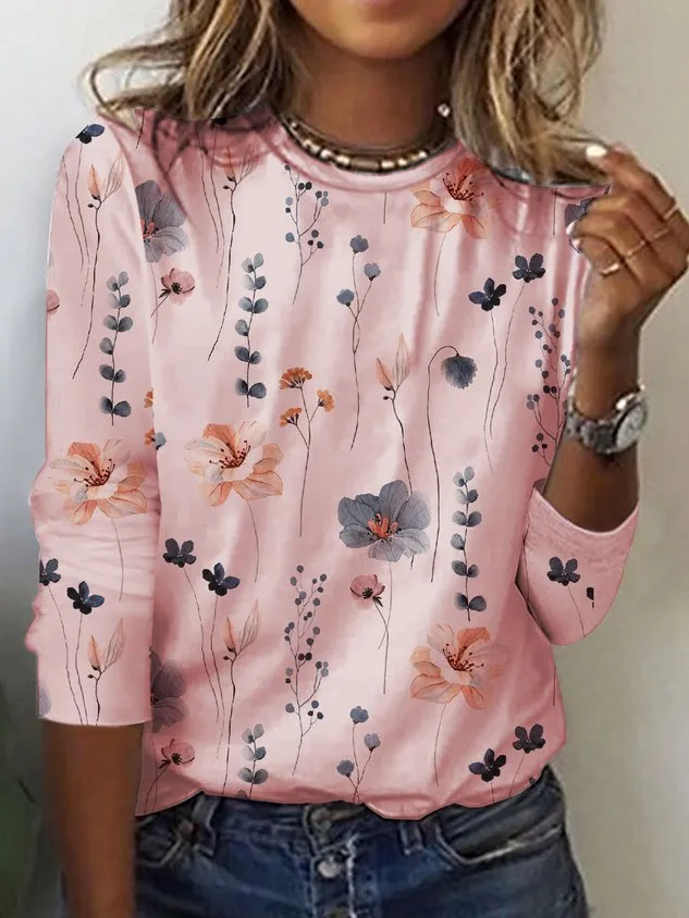 Floral Print Casual Crew neck Long Sleeve T-Shirt