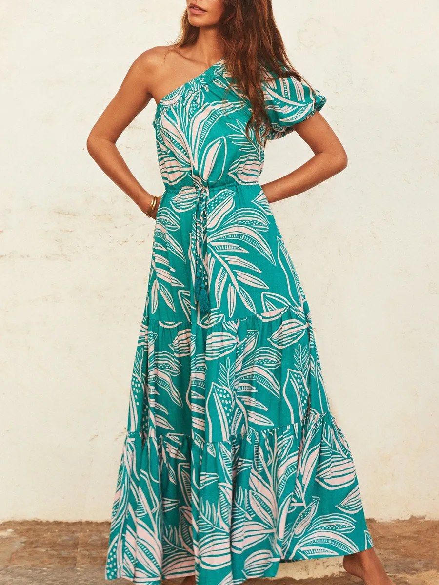 Women's one-shoulder asymmetrical printed holiday dress