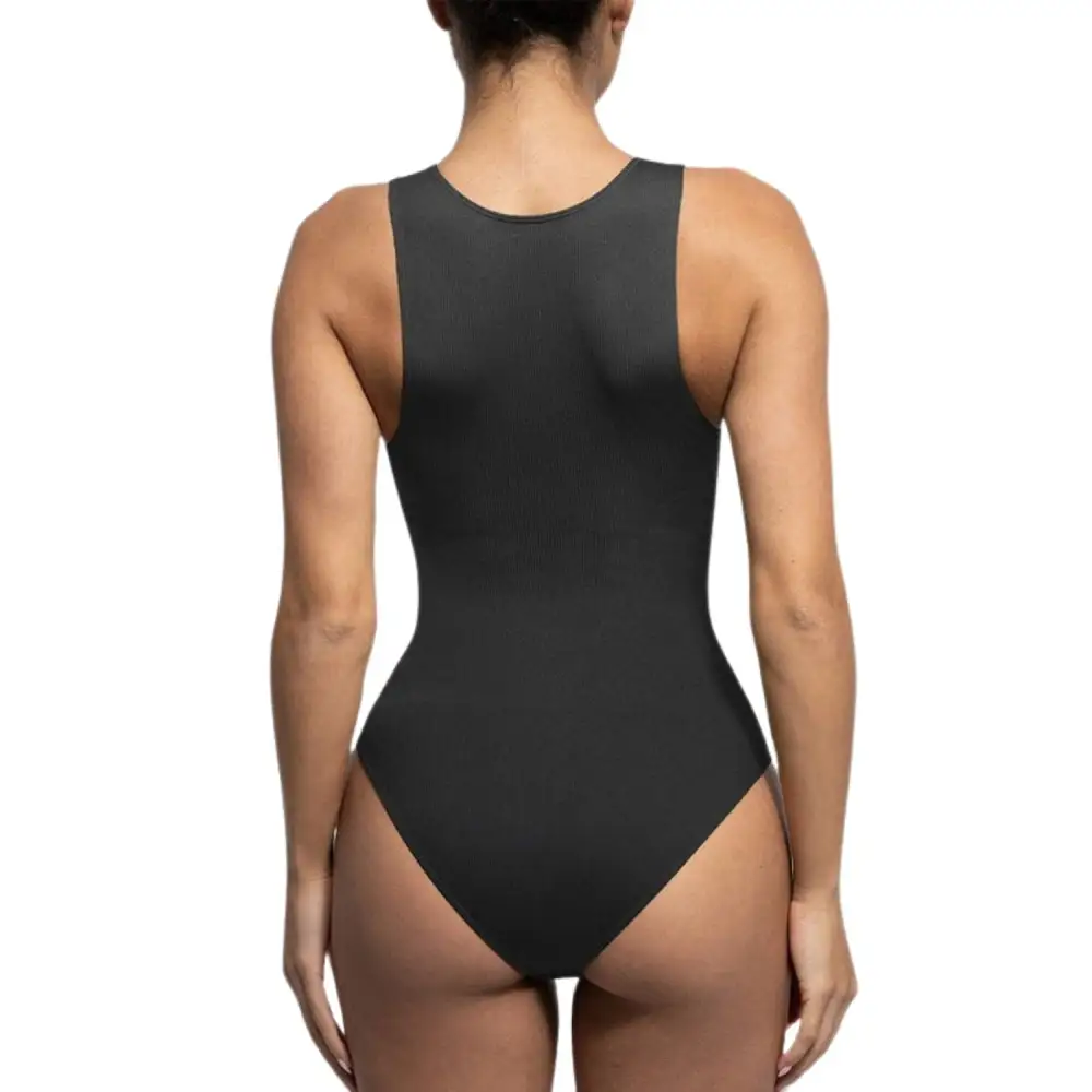 Ribbed Zip Front Sleeveless Bodysuit
