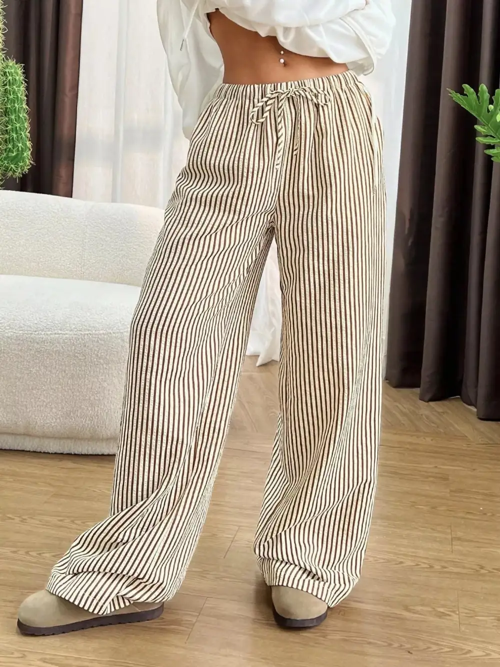 Full Size Striped Drawstring Waist Wide Leg Pants