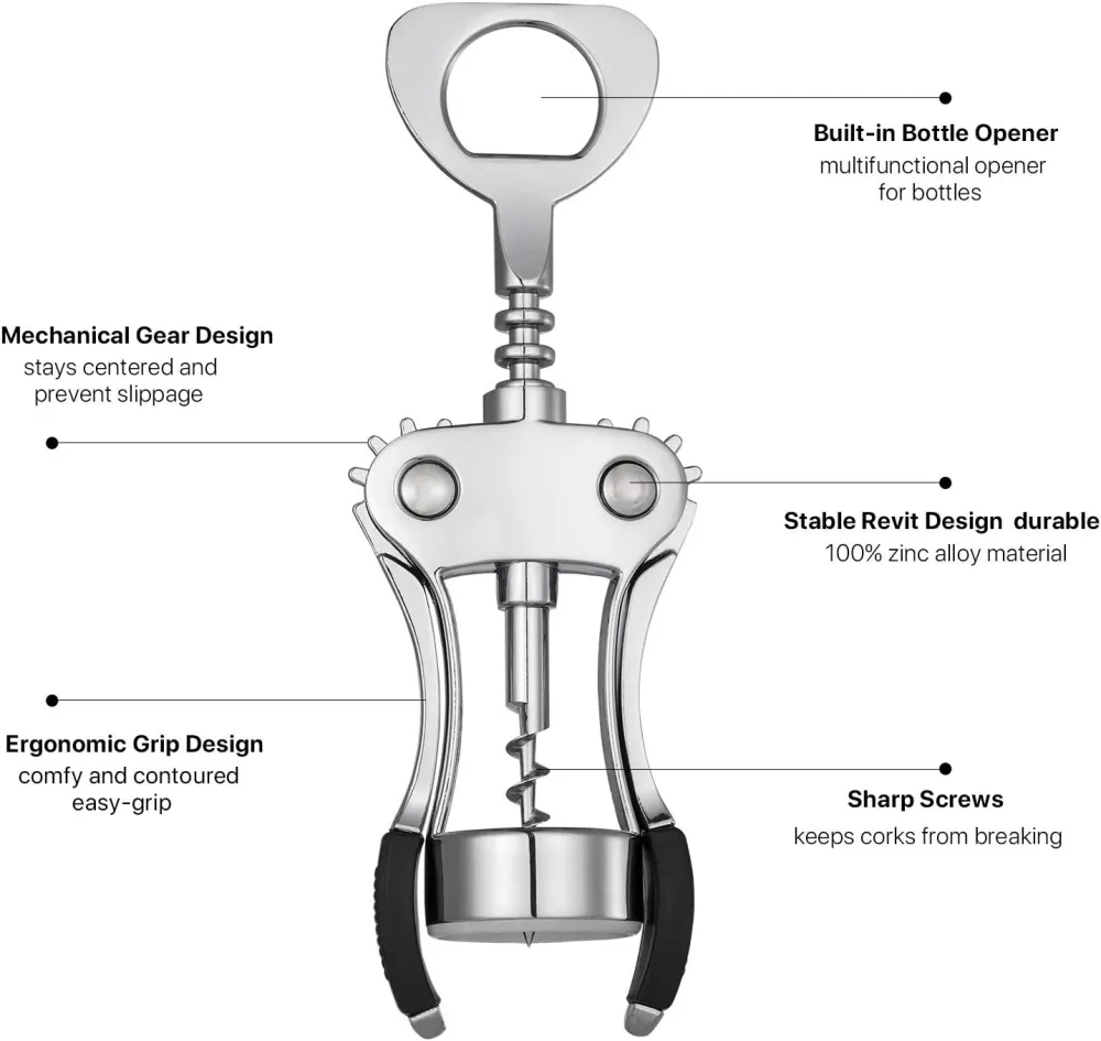 Wine Opener, Zinc Alloy Premium Wing Corkscrew Wine Bottle Opener with Multifunctional Bottles Opener, Upgrade