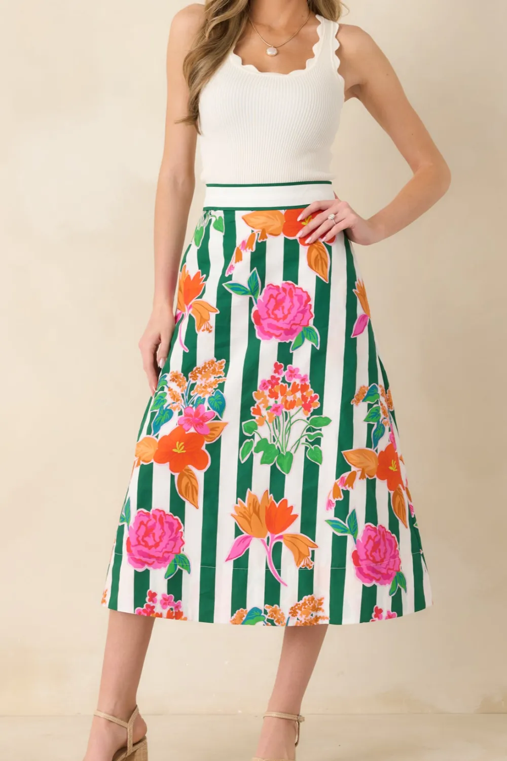 Multi Floral Stripe Cotton Midi Skirt